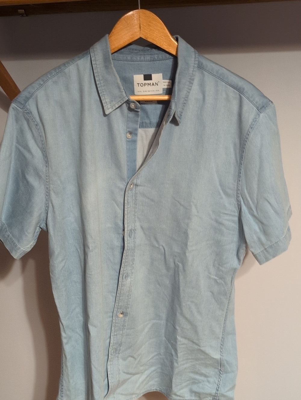 Topman Light Blue Short Sleeve Button-Down Denim Shirt